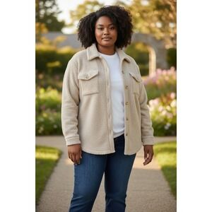 WILLIAM RAST Womens Sherpa Fleece Shirt Jacket Beige Button Up Long Sleeve Med